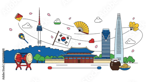 Seoul Skyline South Korea Travel Landmark Icons And Culture Symbols
