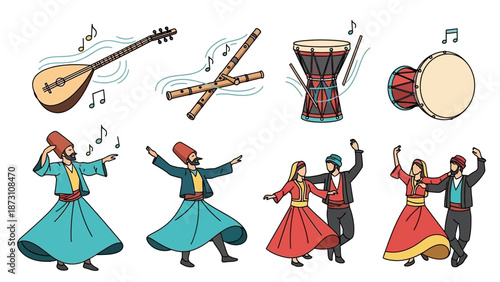 Turkish Dervish Dance and Traditional Instruments Illustration