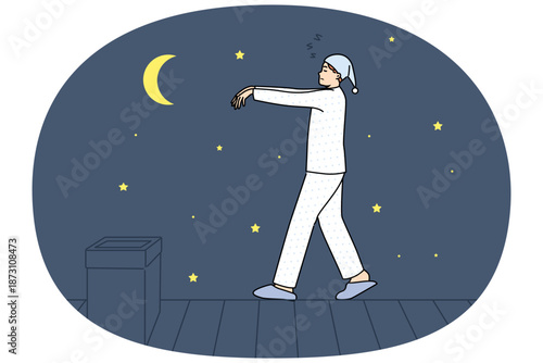 Sleepwalking man walks on roof of house at night, walking in unconscious state due to disease somnambulism. Sleepwalking guy in funny pajamas and cap risks falling from height and getting injured