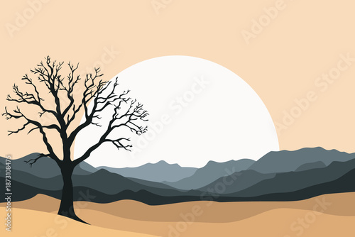 Photography Minimalist barren tree silhouette against large setting sun, layered gray mounta