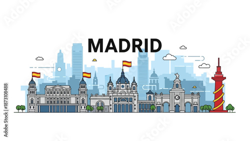 Madrid skyline, Spain landmarks, flat vector illustration