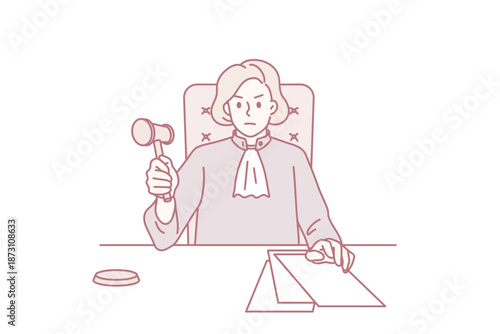 Working as judge in court concept. Serious woman judge sitting and processing sitting trial with official papers finishing process vector illustration