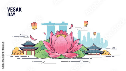 Vesak Day Celebration: Lotus, Temples, Lanterns, and Skyline