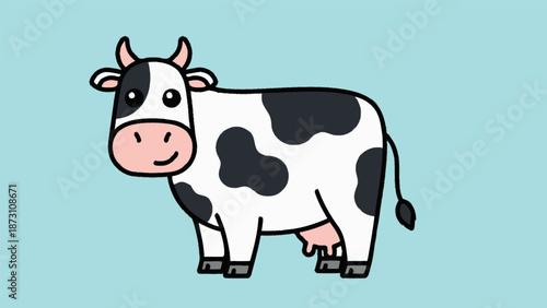 Cute Cartoon Cow Standing with Black and White Spots.