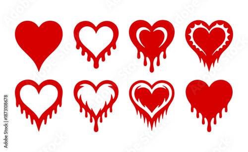 dripping red heart shapes collection, romantic melting love vector symbols