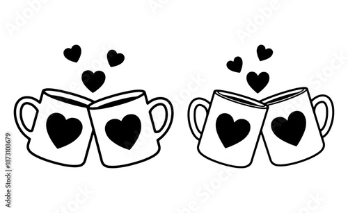 clinking coffee mugs with hearts, romantic morning breakfast toast illustration