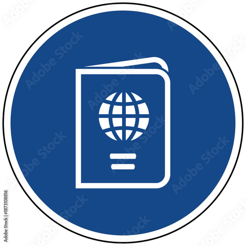 Vektor Grafik Reisepass auf blauem runden Schild Symbol für Reise Visum Ausland Dokumentation und Internationalen Tourismus Design