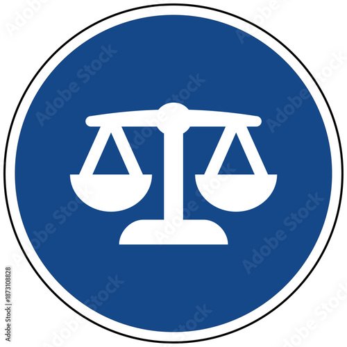 Vektor Illustration einer Waage als blaues rundes Schild Symbol für Justiz Recht Gesetz Gleichgewicht und Fairness im flachen Design