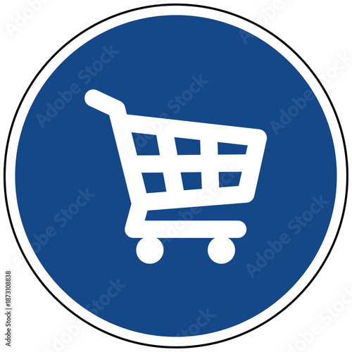 Vektor Grafik Einkaufswagen auf blauem Kreis Icon für Onlineshopping Warenkorb E-Commerce Handel und Verkauf im flachen Stil