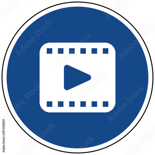 Vektor Grafik Filmstreifen mit Play Button auf blauem Grund Icon für Video Streaming Multimedia und Medien im flachen Design
