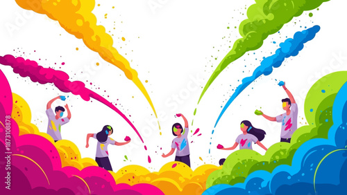 People Celebrating Holi Festival with Colorful Powder