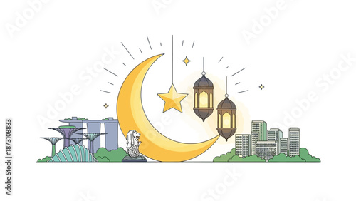 Ramadan Kareem Cityscape with Crescent Moon and Lanterns