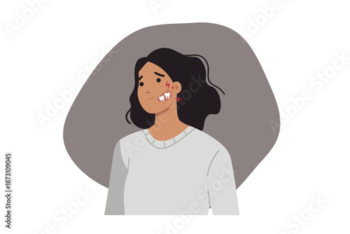 Woman suffers from tooth pain and caries, which causes inflammation of cheeks and gums in mouth. Girl needs help of dentist and trip to dental clinic to treat tooth pain while eating.