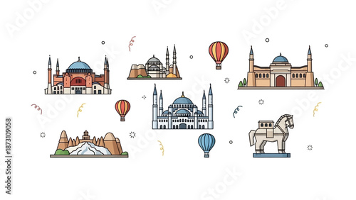 Turkey Landmarks Vector Icons Collection - Istanbul, Cappadocia, Troy