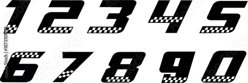 Slanted Racing Numbers with Checkered Flag | Bold Black Motorsport Digits for Speed & Victory Themes
