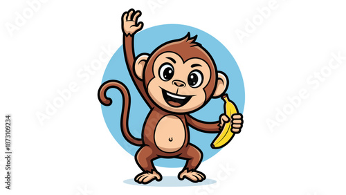 Happy Cartoon Monkey Waving Hand Holding Banana.