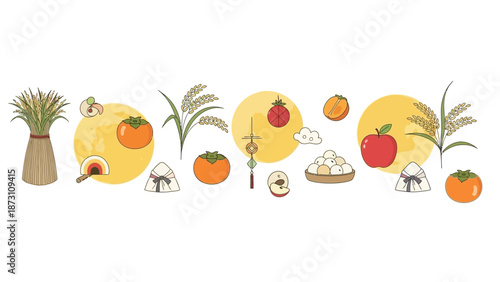 Autumn Harvest Festival Elements: Moon, Fruits, Rice, Dumplings