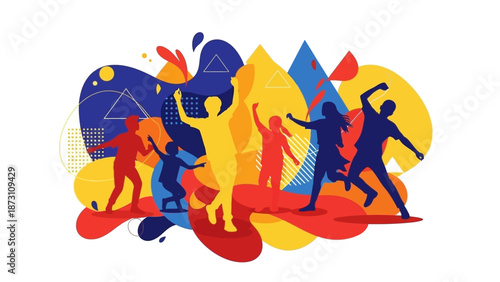 Diverse people dancing in abstract colorful shapes, celebration, joy