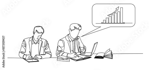 A continuous line drawing depicting a team of entrepreneurs working on laptops and displaying a growing bar graph, symbolizing financial success, data analysis, and an upward business trajectory.