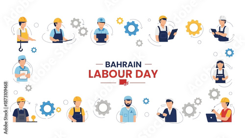 Bahrain Labour Day Celebration - Diverse Workers and Gears