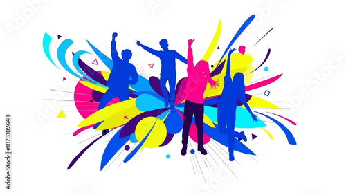 Joyful People Celebrating with Colorful Abstract Shapes
