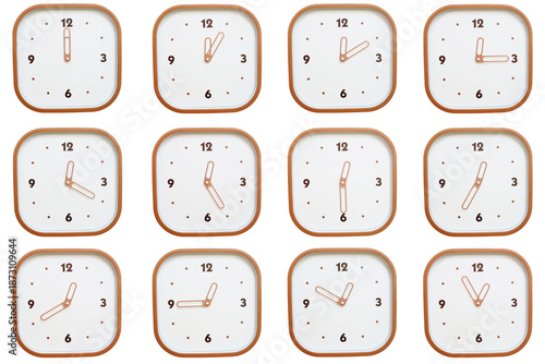 Minimalist grid of twelve square clocks showing 00:00 to 00:55 or 12:00 to 12:55 isolated on white background.