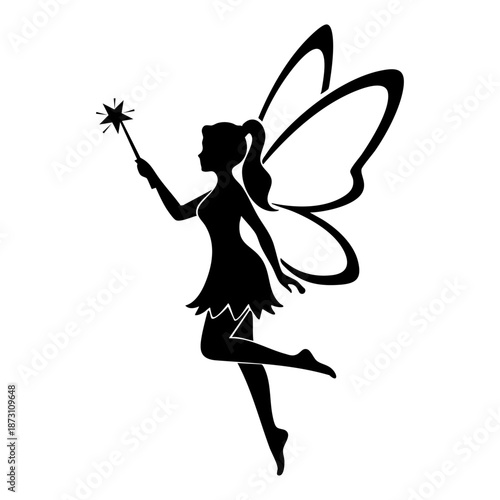 Creative Silhouette of a Winged Fairy Godmother with a Twinkling Wand for Birthday Stationery Gift Tags Minimalist Fantasy Relationship Concepts Dreamy Nursery Decor Posters and Stylish Vector Graphic