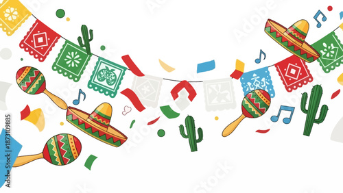 Mexican Fiesta Background with Maracas and Sombreros