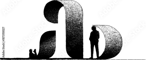 Silhouetted figures and abstract sculpture in black and white