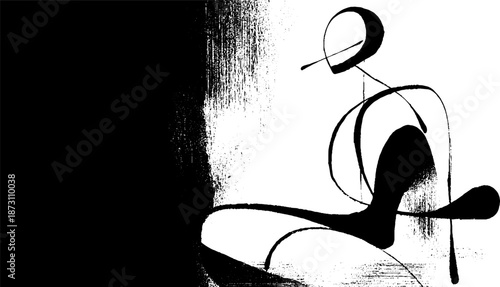 Abstract black and white ink drawing of a person in motion with dynamic lines