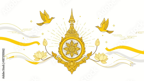 Golden Thai Emblem with Birds and Lotuses