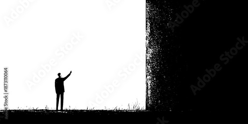 Silhouetted figure reaching toward large monolithic structure in black and white