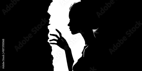 Silhouette of a young caucasian female in profile with hand extended