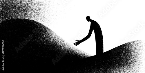 Abstract silhouette figure reaching out on textured landscape in black and white