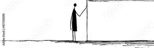 Black and white minimalist stick figure illustration with a blank sign