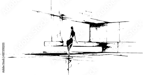 Abstract silhouette of caucasian female model in geometric urban setting