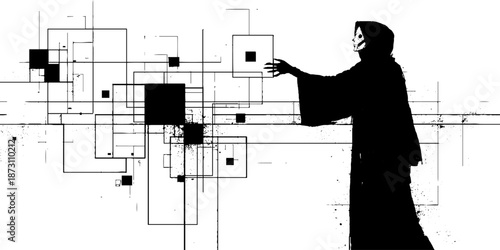 Abstract hooded figure reaching out amid geometric shapes in black and white