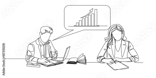 A continuous line drawing depicting a team of entrepreneurs working on laptops and displaying a growing bar graph, symbolizing financial success, data analysis, and an upward business trajectory.