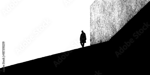 Silhouette of lone figure against stark architectural structure