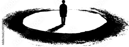 Silhouette of a lone figure in a circle of ink black paint