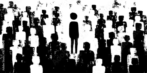 Abstract illustration of solitary figure amidst crowd in black and white