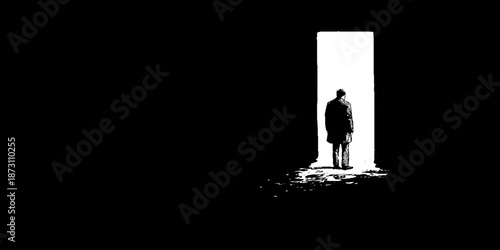 Silhouette of lone male figure in dark room facing bright light doorway