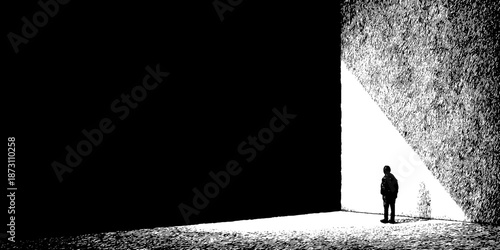 Solitary figure in dark room with light beam contrast
