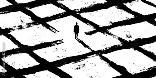 Silhouette of solitary figure on abstract checkerboard background