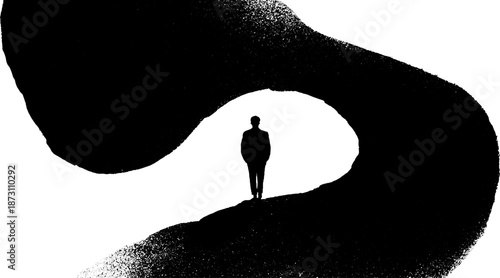 Silhouette of a solitary figure amidst abstract black and white swirls