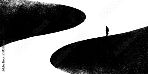 Silhouette of lone figure in minimalist abstract black and white landscape