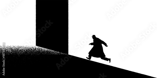 Silhouette of man running into abstract monochrome space