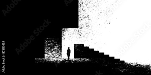 Silhouette of person in abstract monochrome geometric landscape