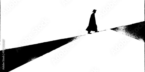 Silhouette of lone figure walking on abstract black and white landscape
