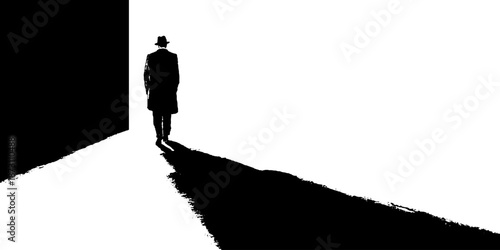 Silhouette of man in hat walking towards door with long shadow